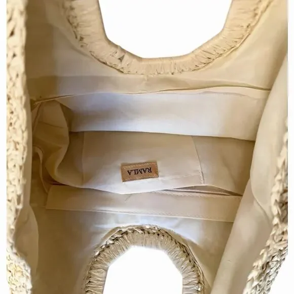 Ramla Bohemian Tan Woven Straw Half Moon Hobo Bag New Handmade Zip Closure - Picture 9 of 16